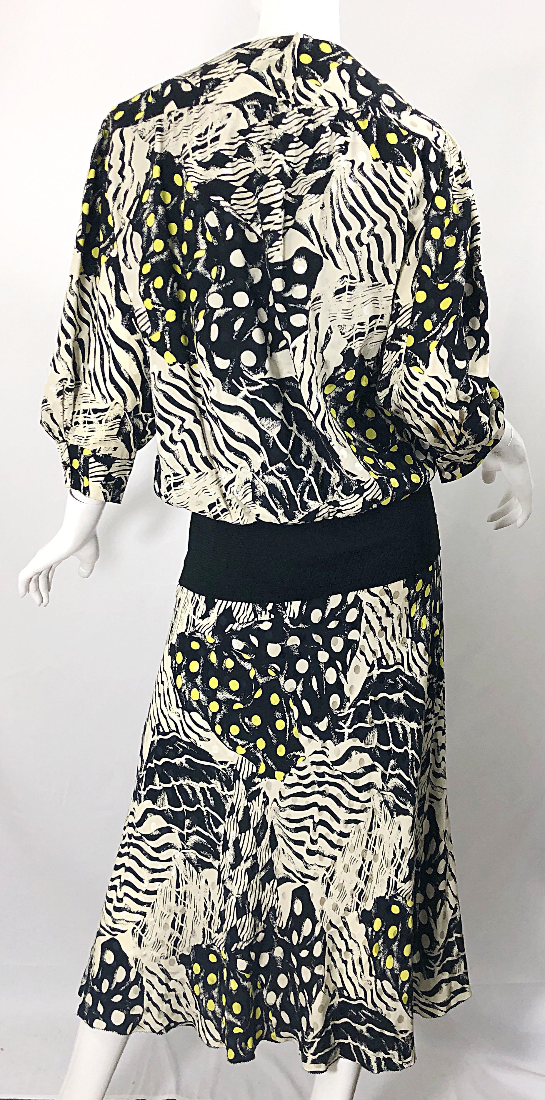 Vintage Norma Walters Size 8 Black + White + Yellow Abstract Drop Waist Dress For Sale 4