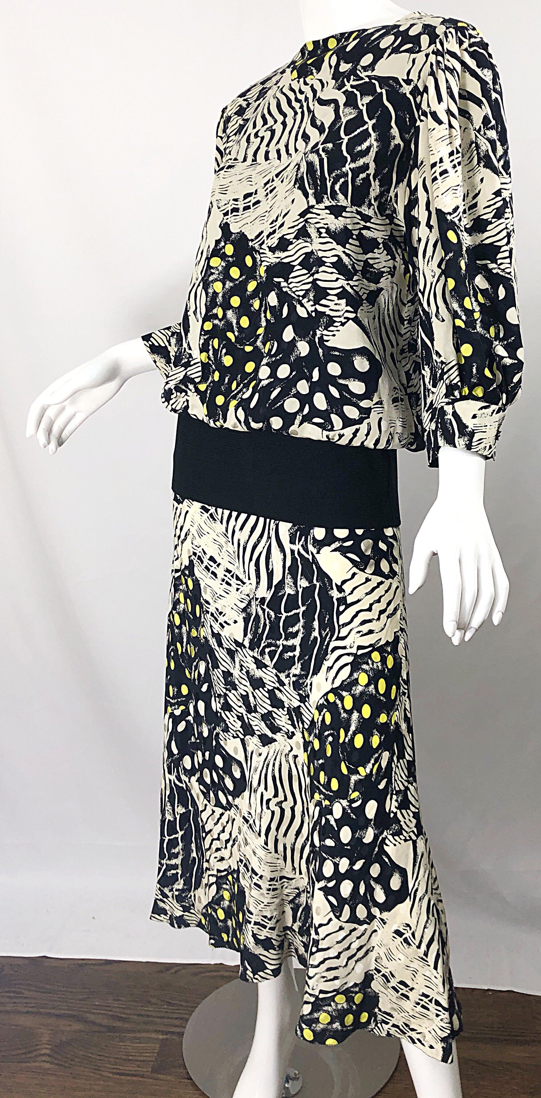 Vintage Norma Walters Size 8 Black + White + Yellow Abstract Drop Waist Dress For Sale 5
