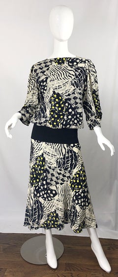 Vintage Norma Walters Size 8 Black + White + Yellow Abstract Drop Waist Dress