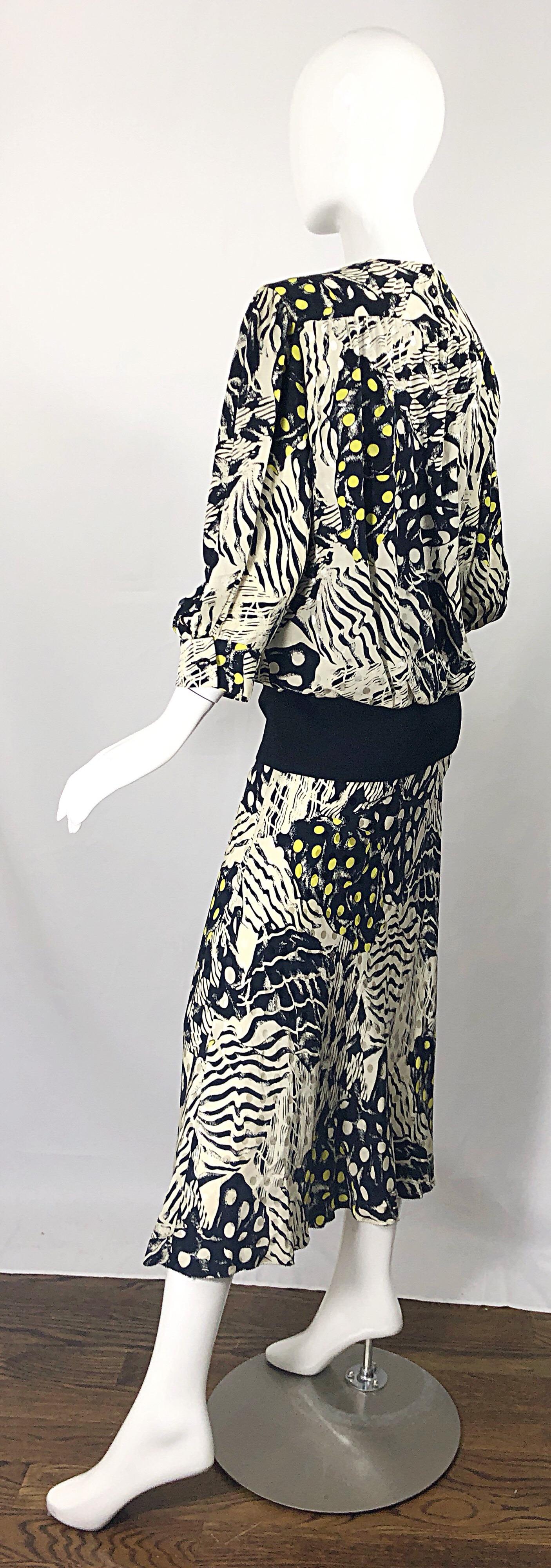 Vintage Norma Walters Size 8 Black + White + Yellow Abstract Drop Waist Dress For Sale 1
