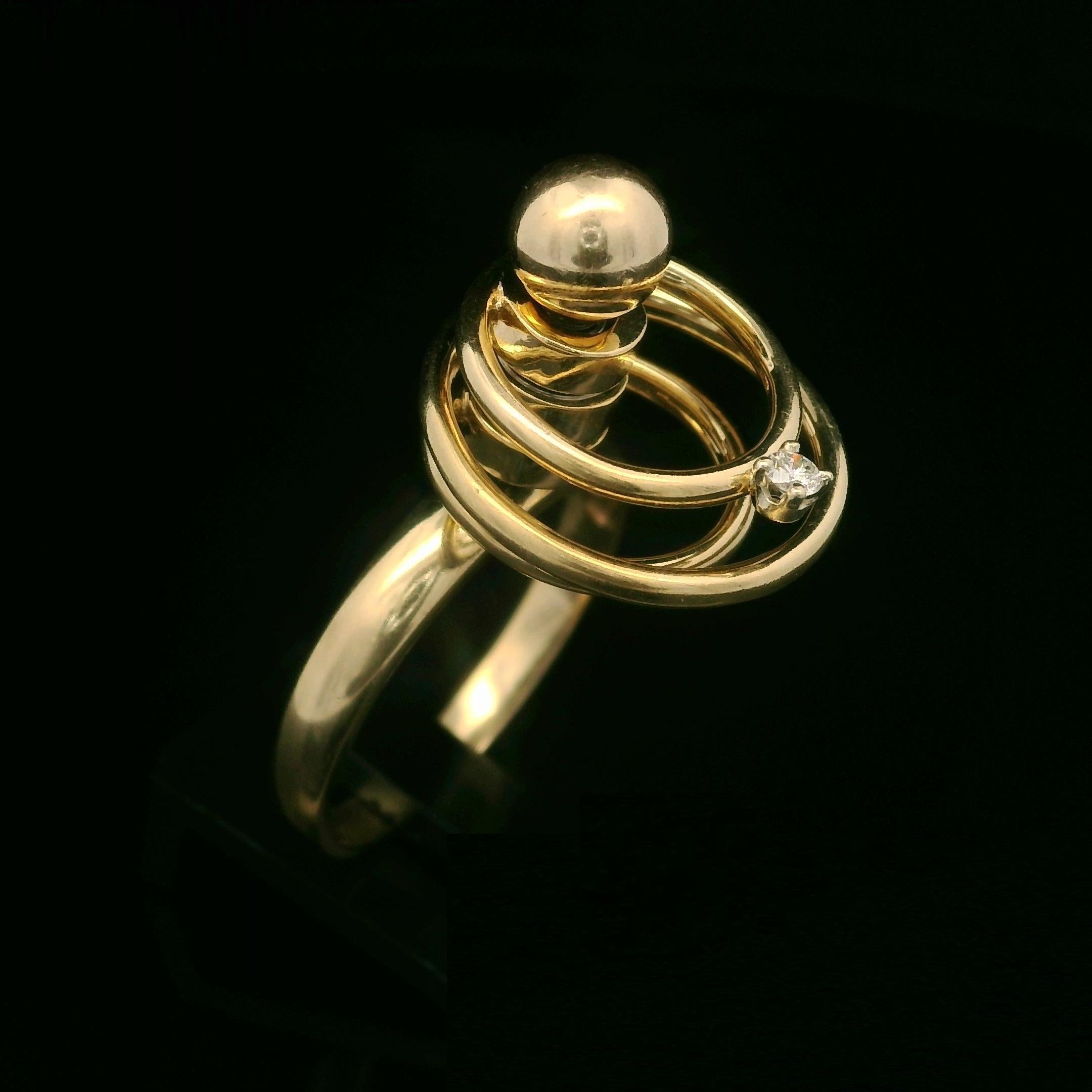 Brilliant Cut Vintage Norman Teufel 14k Yellow Gold Diamond Concentric Circle Spinner Ring
