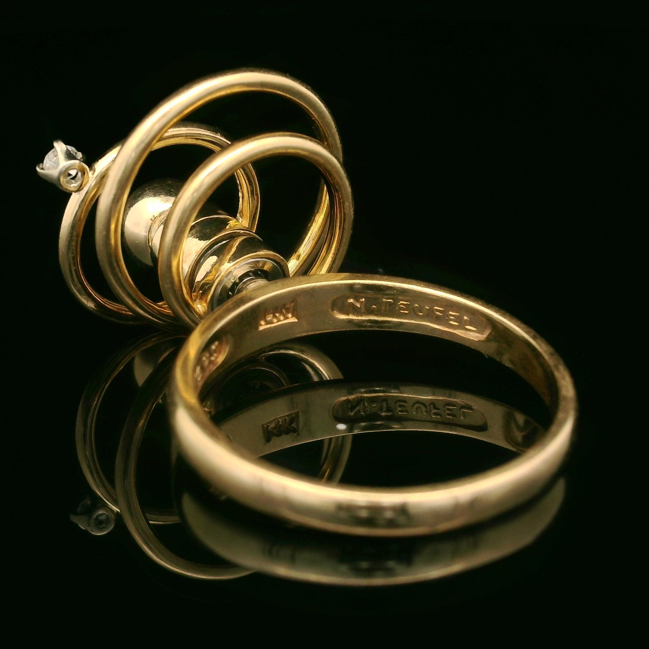 Vintage Norman Teufel 14k Yellow Gold Diamond Concentric Circle Spinner Ring In Excellent Condition In Montclair, NJ