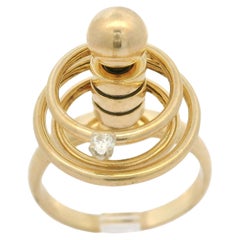 Vintage Norman Teufel 14k Yellow Gold Diamond Concentric Circle Spinner Ring