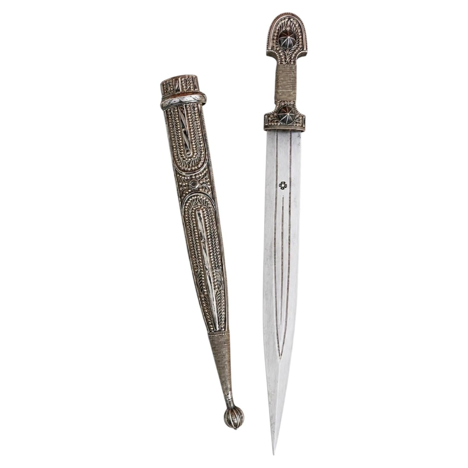 Vintage North African Berber Silver-Mounted Ceremonial Dagger with Ornate Sheath