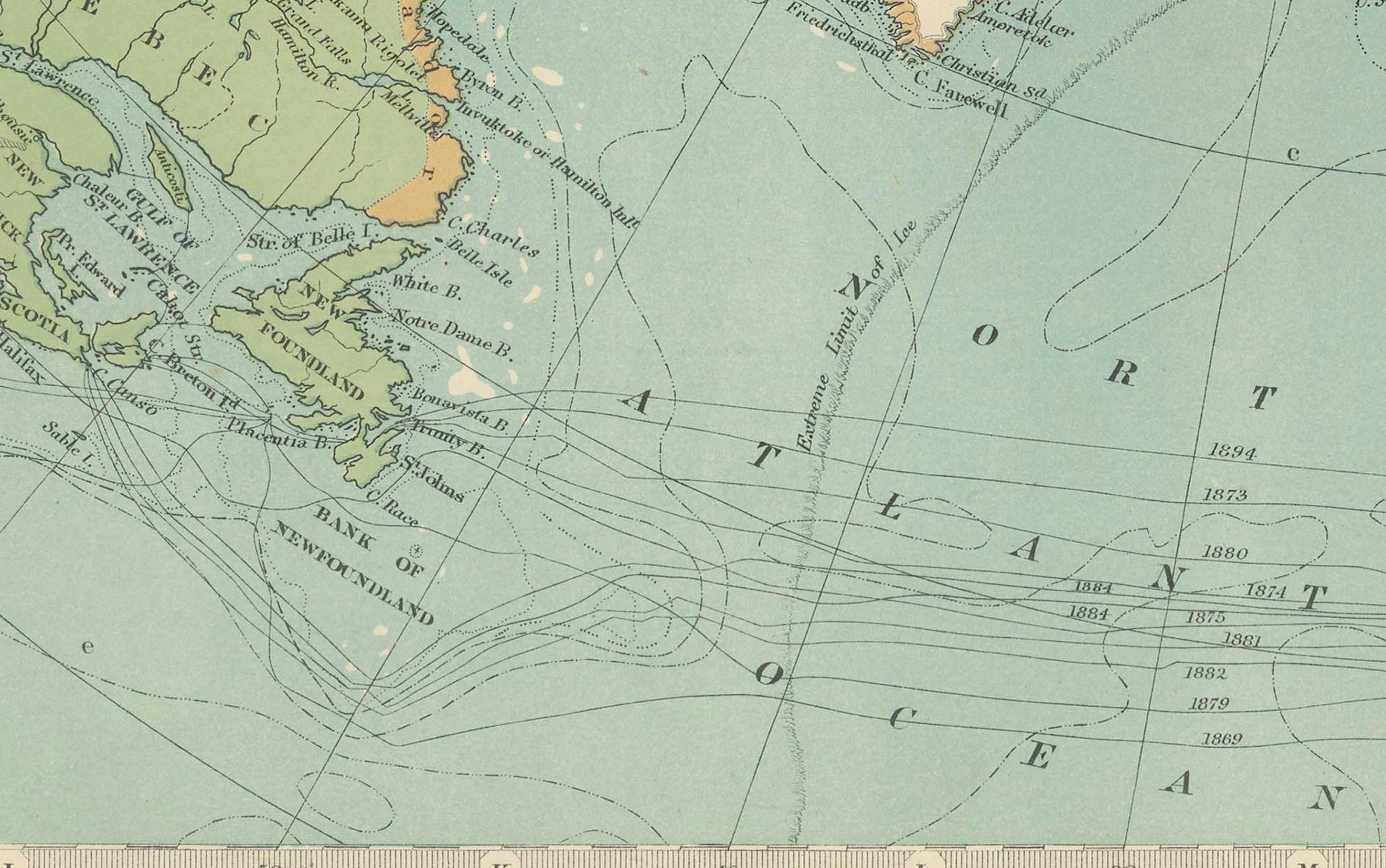 Título: Vintage Carta del Polo Norte con las rutas de exploración del Ártico, 1903

Este mapa de época titulado 