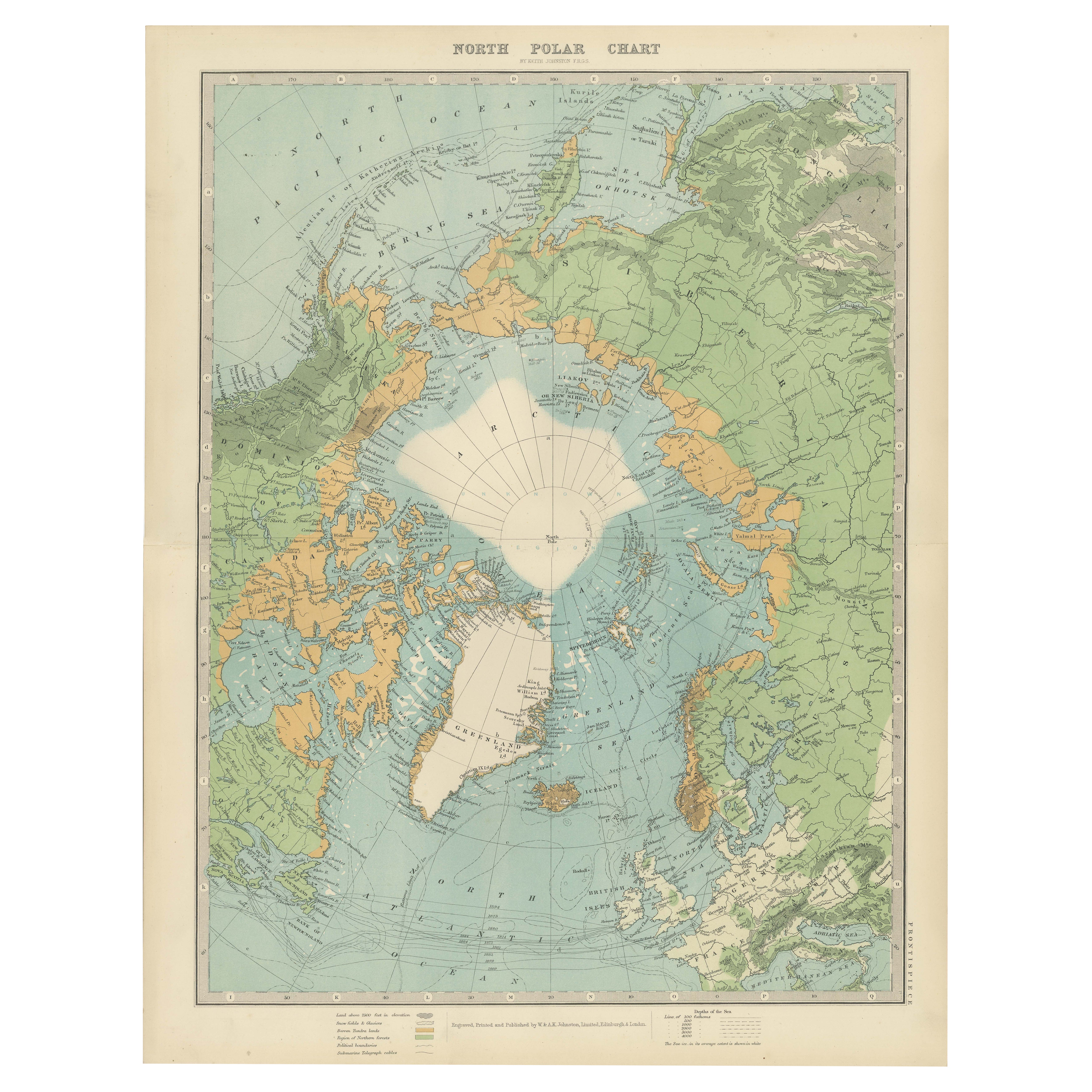 Carta polare del Nord d'epoca con le rotte di esplorazione dell'Artico, 1903