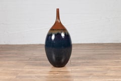 Vase en céramique émaillée bleue et Brown avec effets de gouttes d'or, Vintage