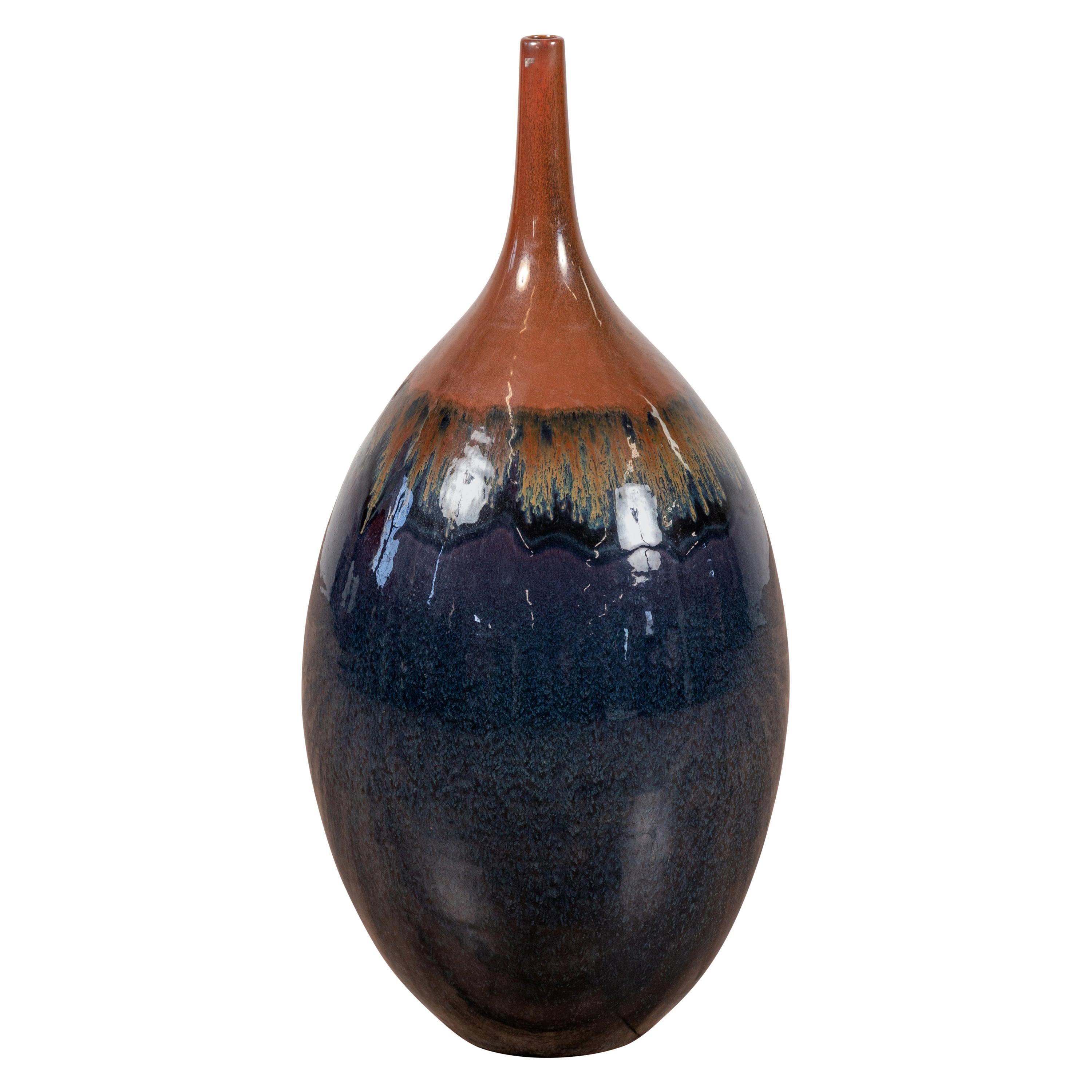 Vase vintage du nord de la Thaïlande Chiang Mai bleu et marron de la collection Prem