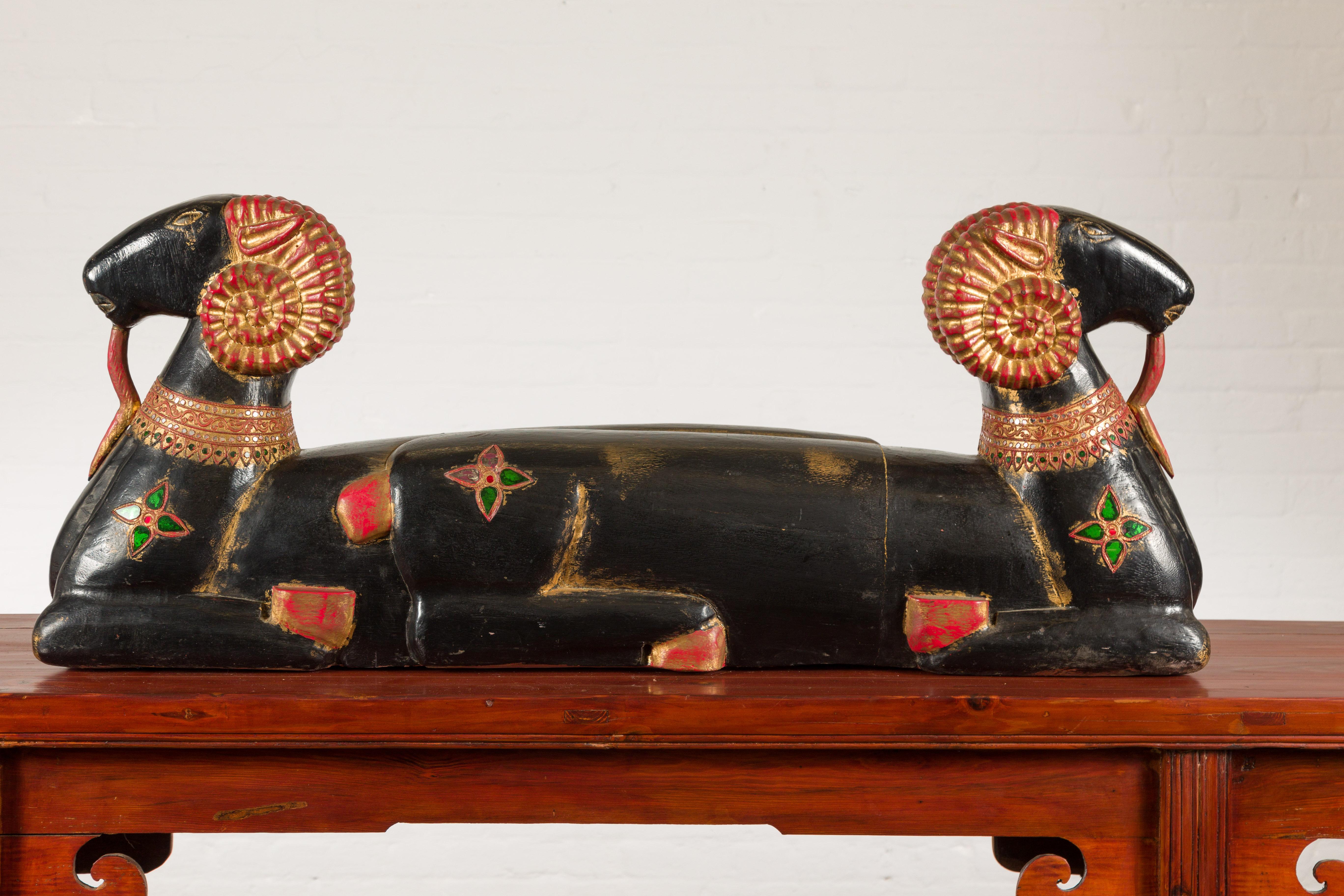 Vintage Northern Thai Double Ram Painted Sculpture with Gilt and Jewelry Motifs For Sale 3