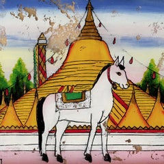 Vintage Northern Thai Reverse Glass Painting of a Chedi and a Horse