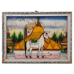Vintage Northern Thai Reverse Glass Painting of a Chedi and a Horse