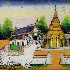 Vintage Northern Thai Reverse Glass Painting of a Chedi and a Rabbit