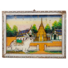 Vintage Northern Thai Reverse Glass Painting of a Chedi and a Rabbit