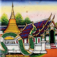 Vintage Northern Thai Reverse Glass Painting of a Golden Chedi and a Green Naga