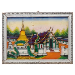 Vintage Northern Thai Reverse Glass Painting of a Golden Chedi and a Green Naga