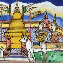 Vintage Northern Thai Reverse Glass Painting of a Golden Chedi and a White Dog