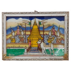 Vintage Northern Thai Reverse Glass Painting of a Golden Chedi and a White Dog