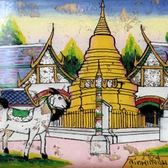 Vintage Northern Thai Reverse Glass Painting of a Golden Chedi and a White Goat