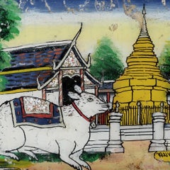 Vintage Northern Thai Reverse Glass Painting of a Golden Chedi and a White Rat