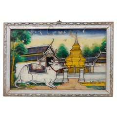 Vintage Northern Thai Reverse Glass Painting of a Golden Chedi and a White Rat