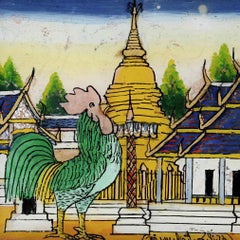 Vintage Northern Thai Reverse Glass Painting of a Golden Chedi and Green Rooster