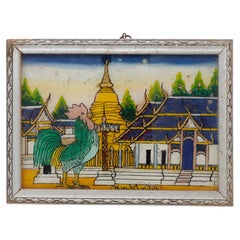 Vintage Northern Thai Reverse Glass Painting of a Golden Chedi and Green Rooster