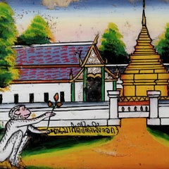 Vintage Northern Thai Reverse Glass Painting of a Golden Chedi and White Monkey