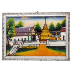 Vintage Northern Thai Reverse Glass Painting of a Golden Chedi and White Monkey