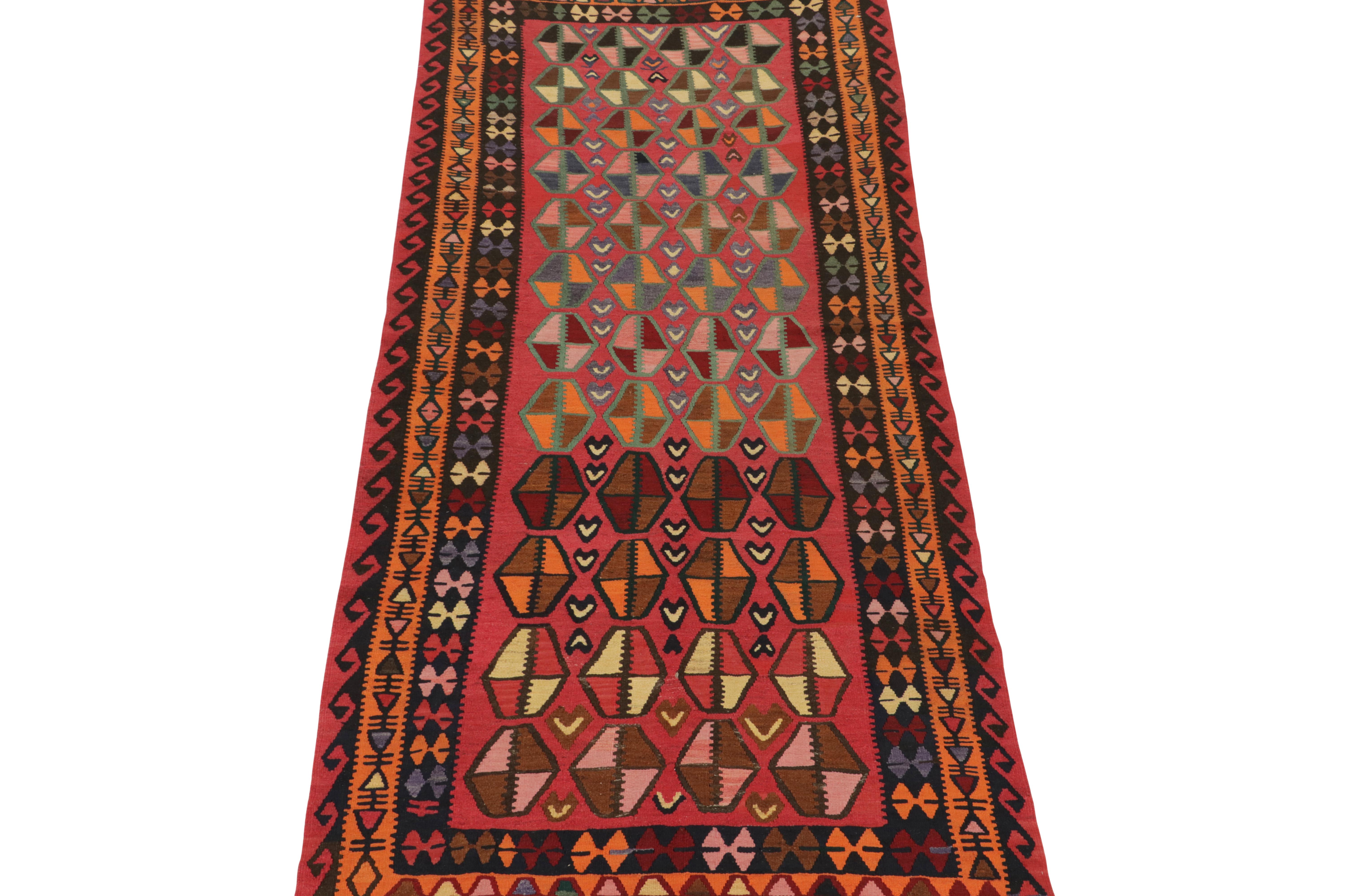This vintage 5x11 Persian Kilim is a unique tribal rug for its period that hails from Northwest provenance. Handwoven in wool, it’s believed to originate from Azerbaijan in the mid-century, circa 1950-1960.

Further on the Design:

The field