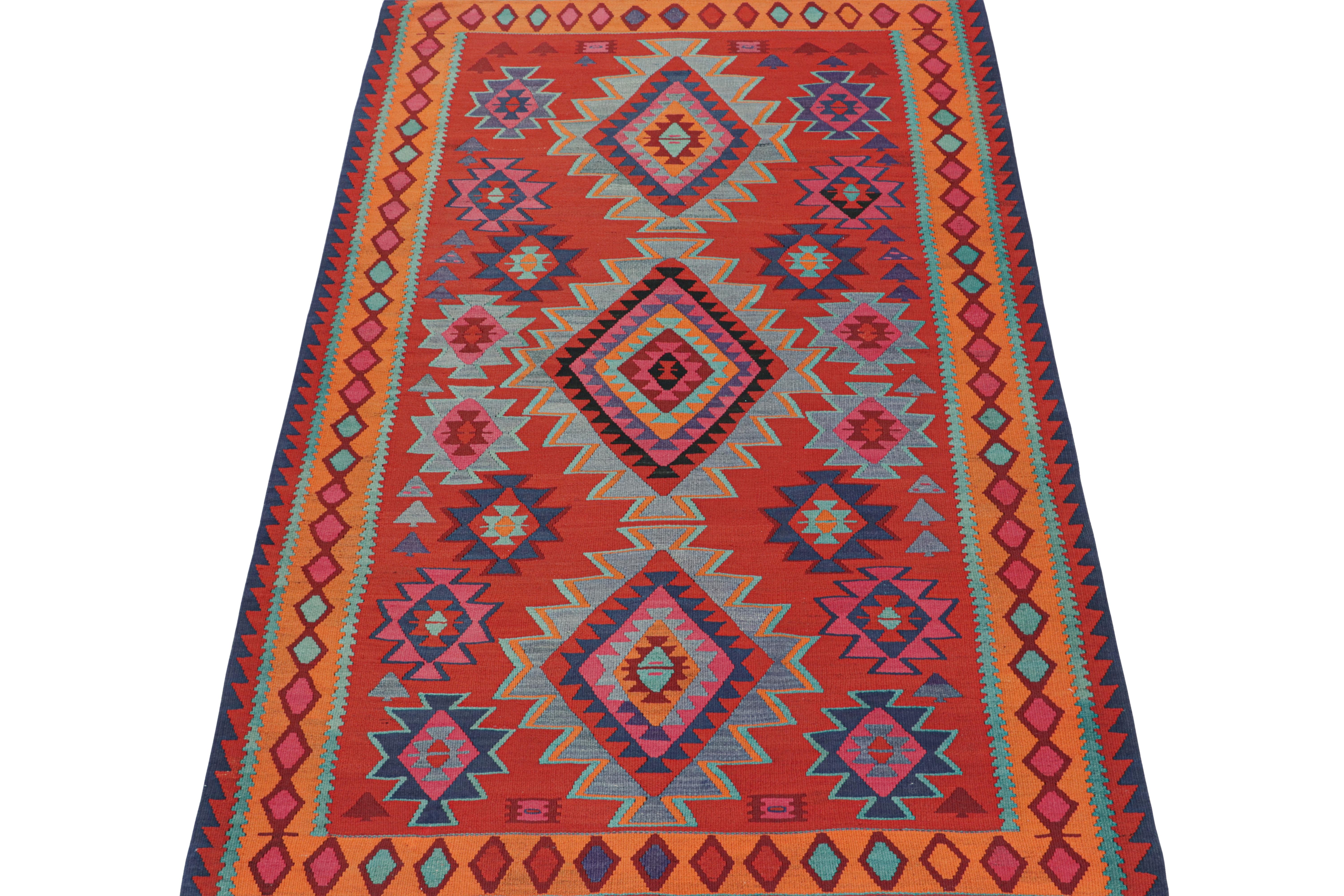 This vintage 6x9 Persian Kilim is handwoven in wool and originates circa 1950-1960. This Kilim is believed to hail from Meshkin—a small village known for its craft among what connoisseurs call 