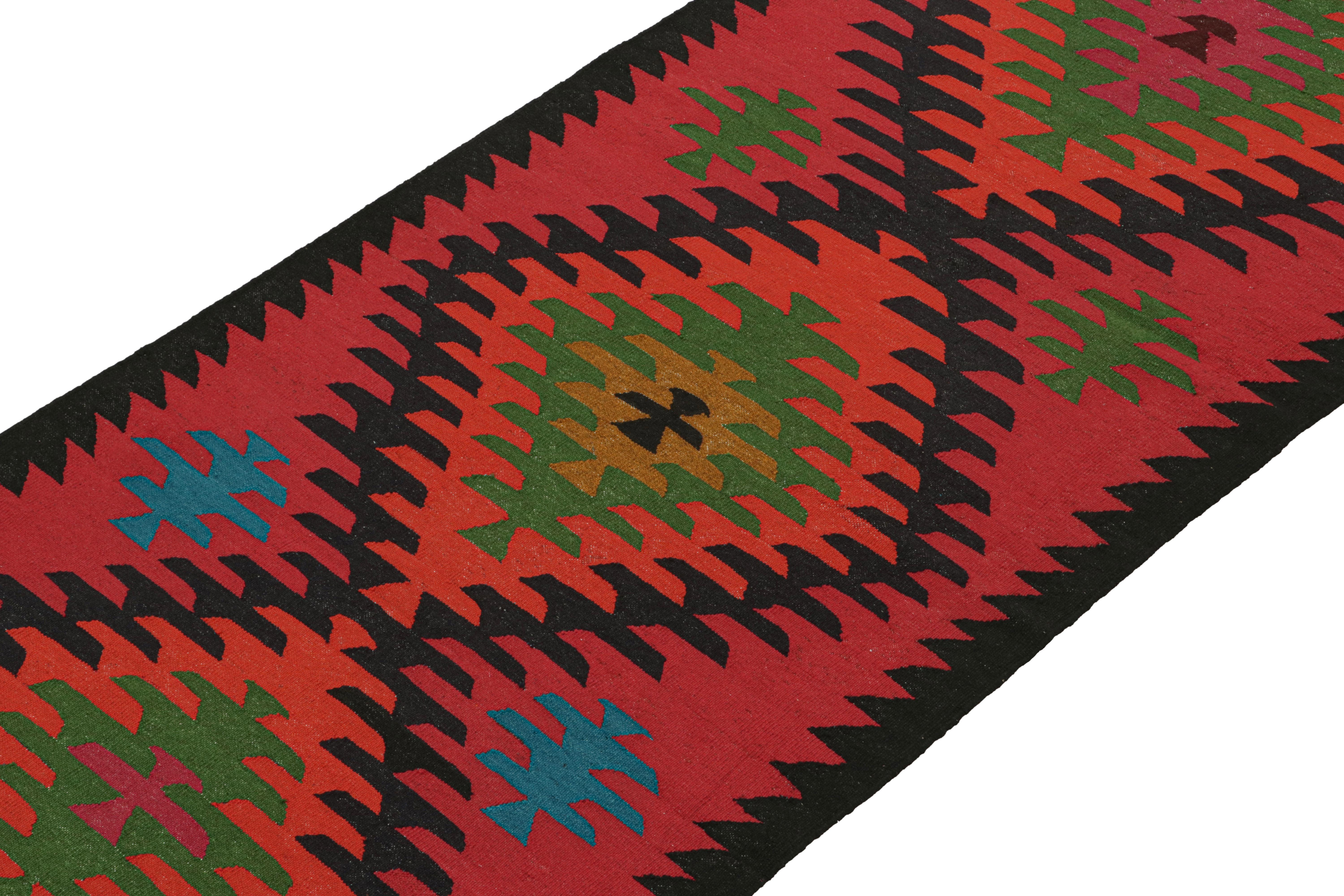This vintage 4x9 Persian Kilim is a tribal rug from Meshkin—a small northwestern village known for its fabulous works. Handwoven in wool, it originates circa 1950-1960.

On the Design:

The bold design prefers tribal geometric patterns in