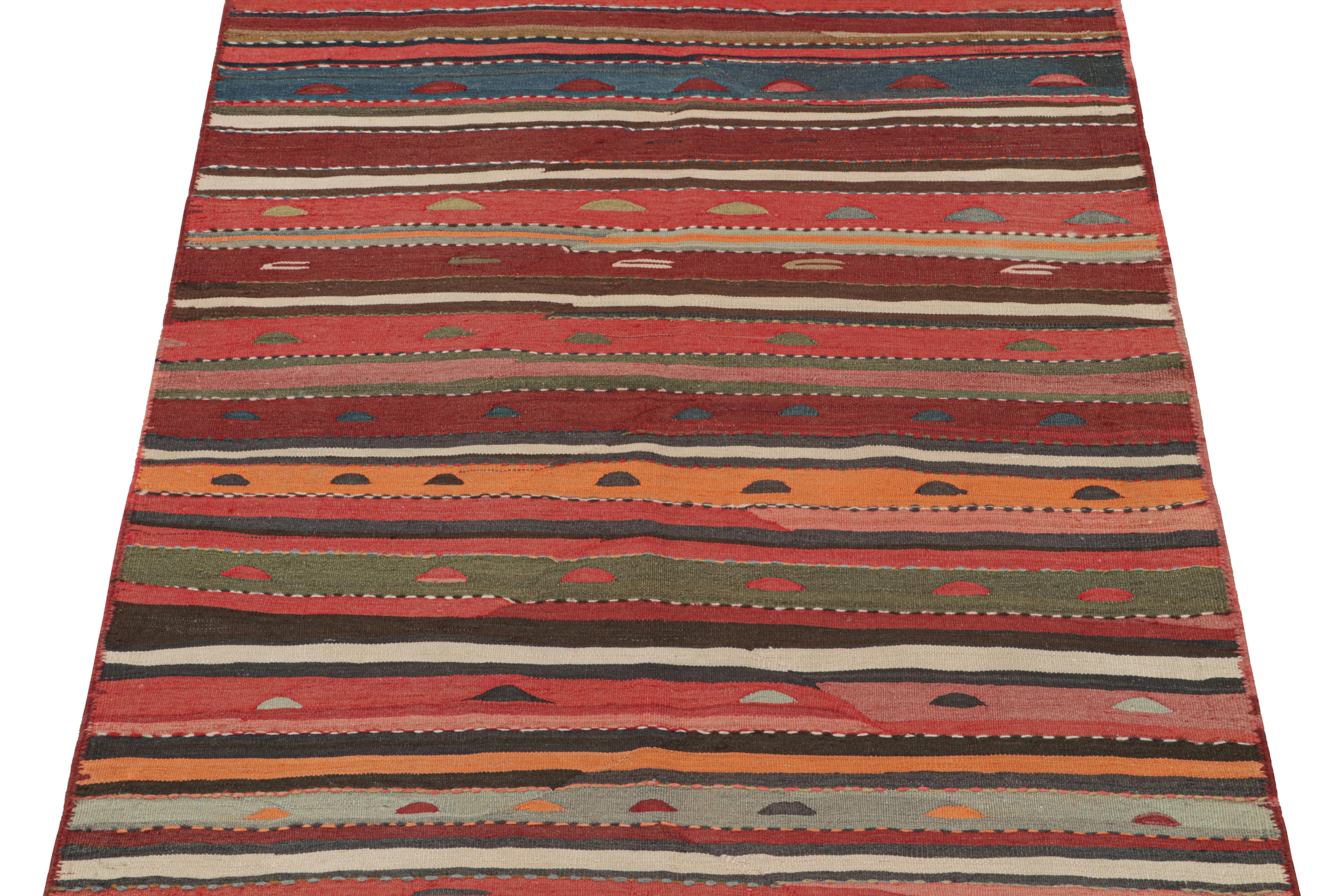 This vintage 4x6 Persian Kilim is a tribal rug from Meshkin—a small northwestern village in Iran known for its Craft. Handwoven in wool, it originates circa 1950-1960. 

Further on the Design:

Its design favors a polychromatic approach to