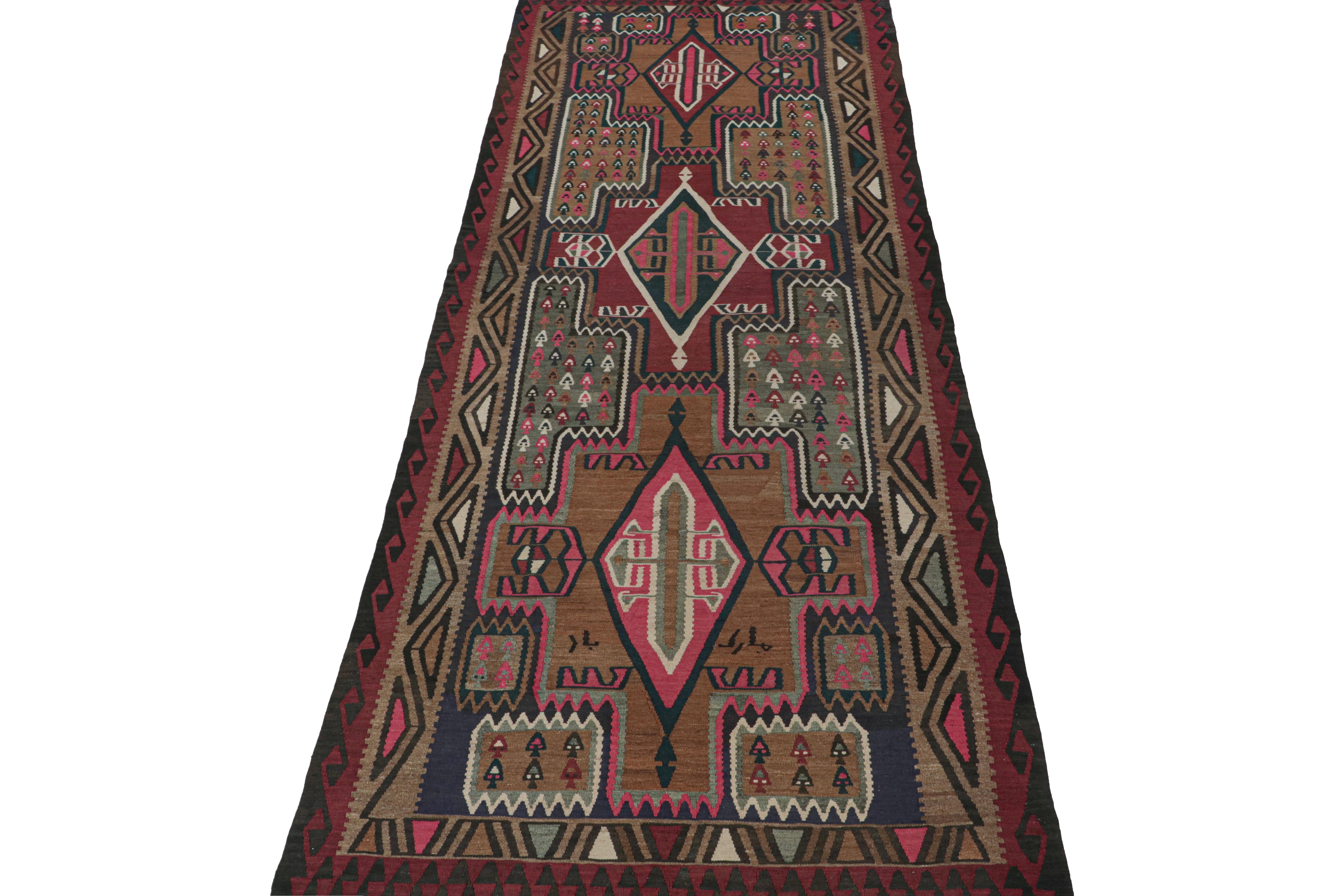 This vintage 6x14 Persian Kilim and gallery runner is believed to be a tribal rug from Meshkin.

Handwoven in wool circa 1950-1960, this small Northwest Persian village is a long-known center of acclaim for fabulous works. This design favors