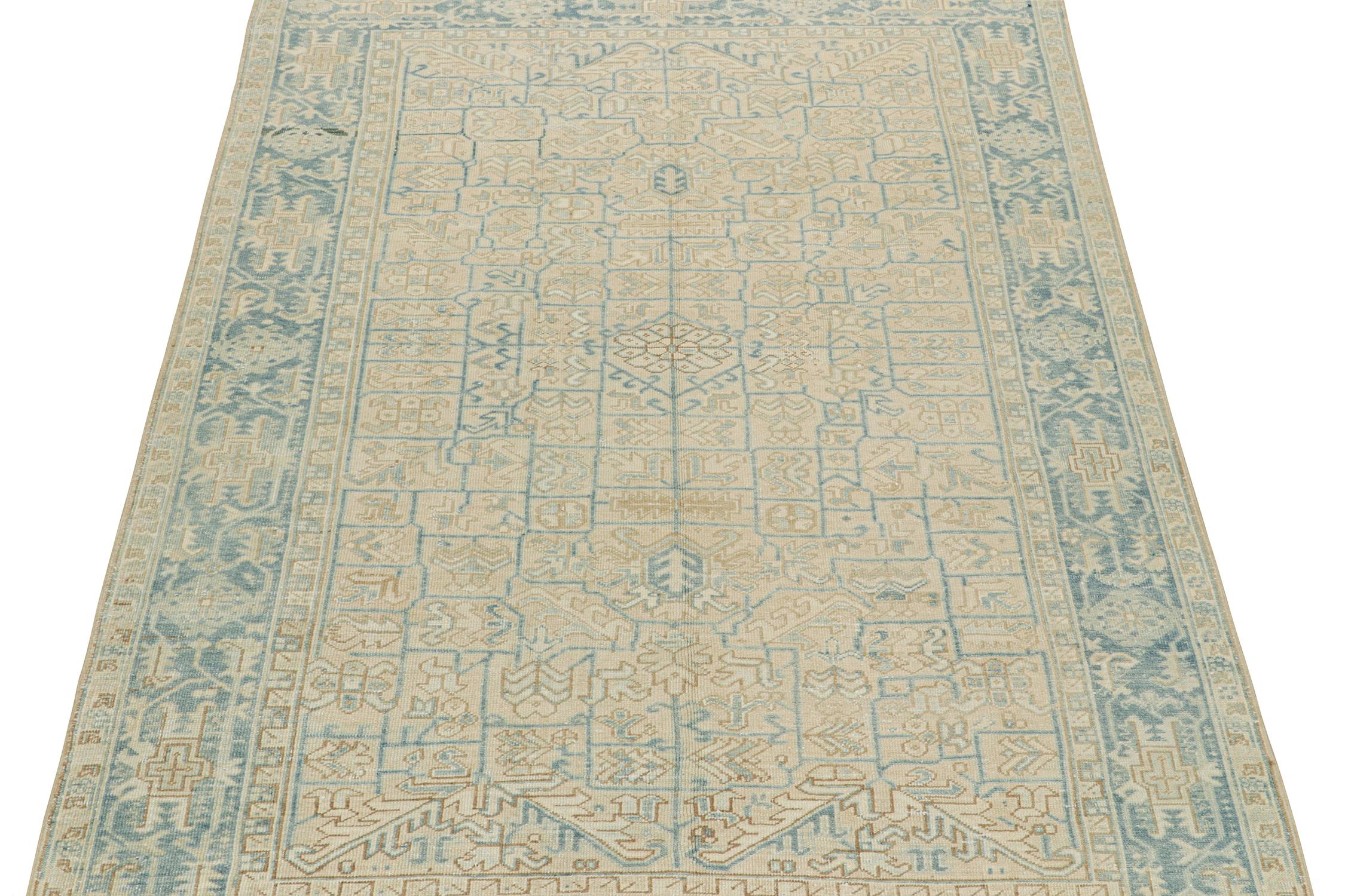 This vintage 8x10 rug is believed to be a Northwest Persian rug—hand knotted in wool circa 1950-1960.

On the Design:

This design is unique in its subtlety, favoring gentle colors like beige and ice blue one seldom sees in the elaborate