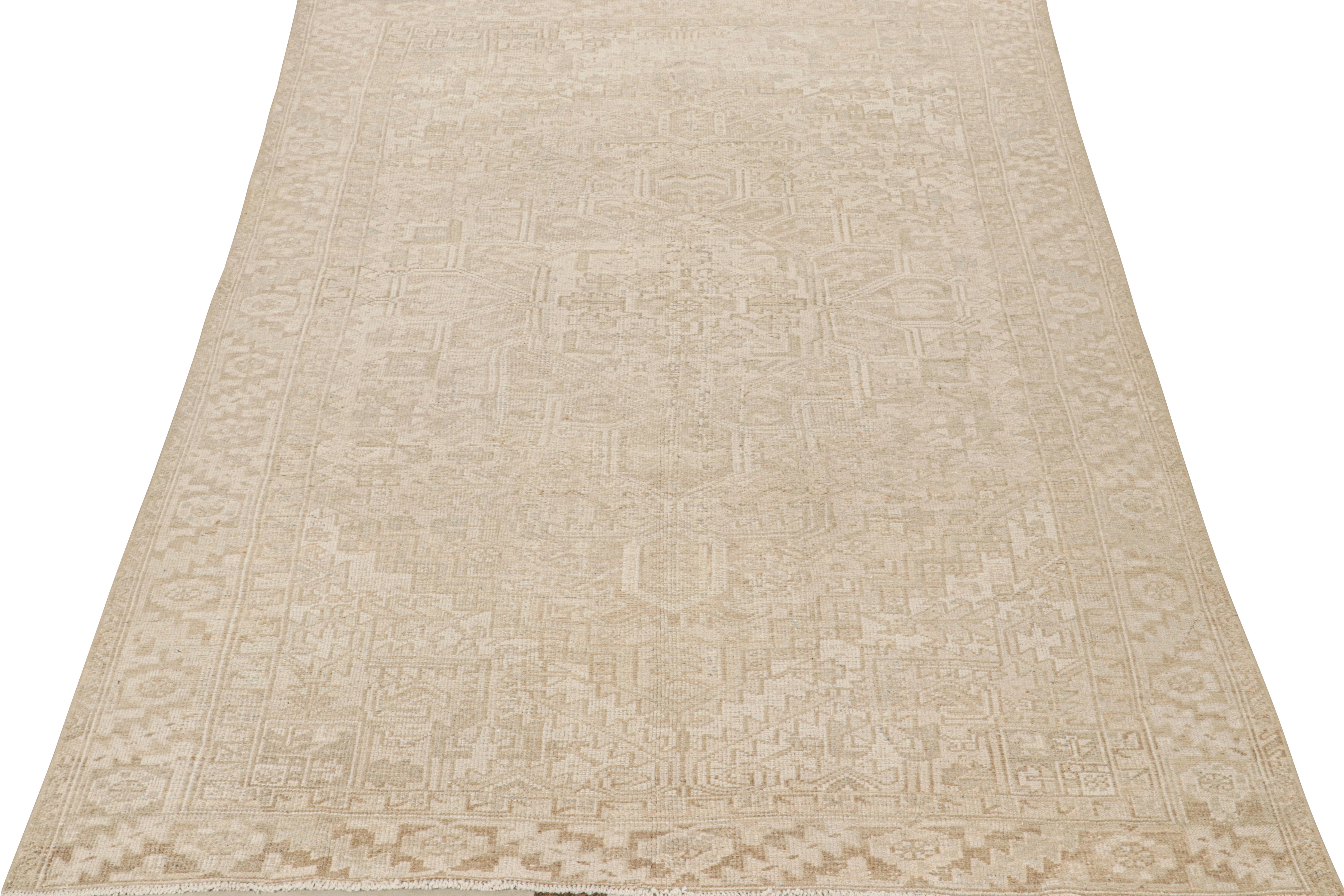 This vintage 7x10 rug is believed to be a Northwest Persian rug—hand knotted in wool, circa 1950-1960.

On the Design:

This design is unique in its subtlety, favoring muted colors like greige and taupe one seldom sees in this provenance. Keen