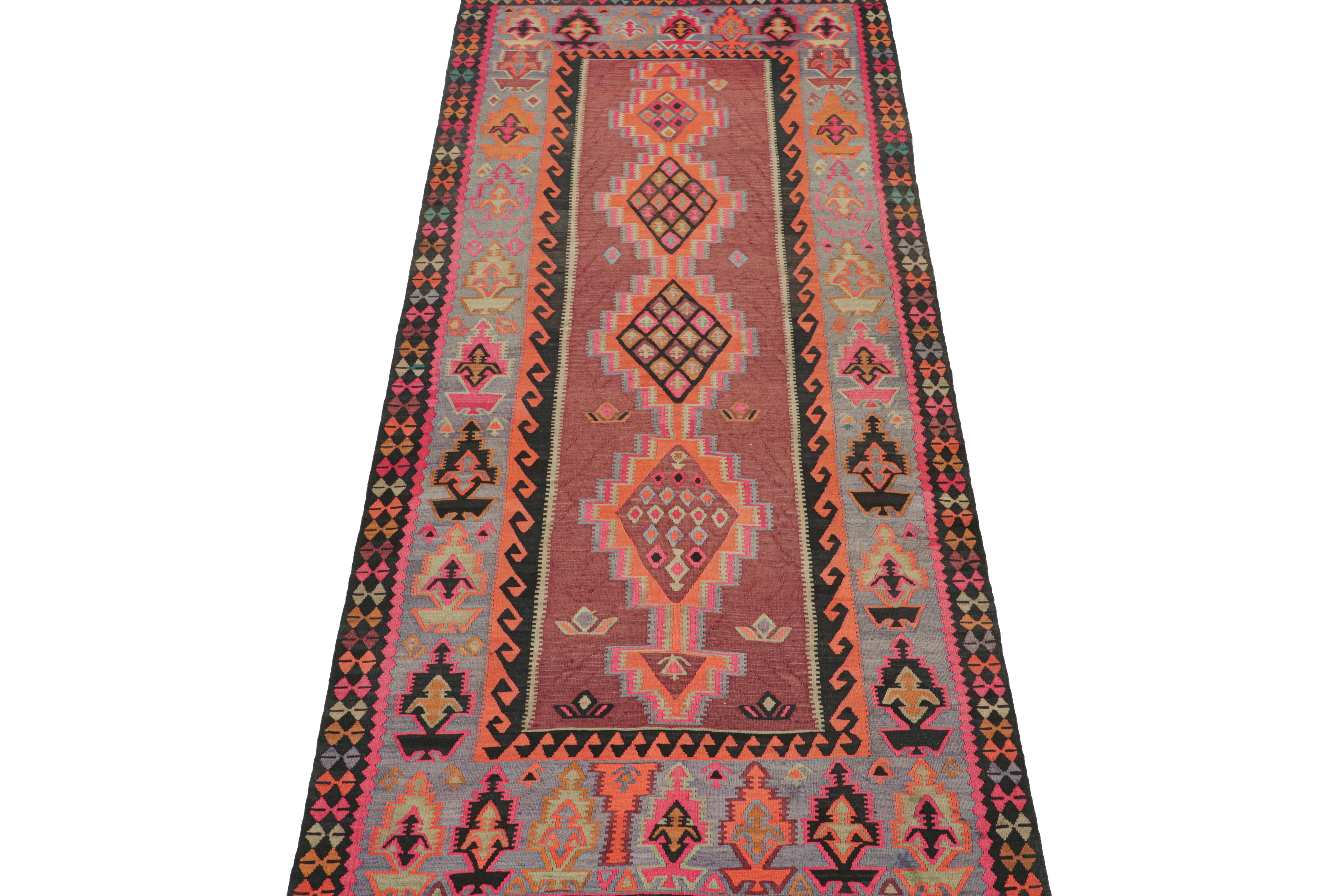 This vintage 5x12 Persian Kilim is a tribal rug from Meshkin—a small northwestern village known for its fabulous works. Handwoven in wool, it originates circa 1950-1960.

Further on the Design:

The bold design prefers medallion patterns in