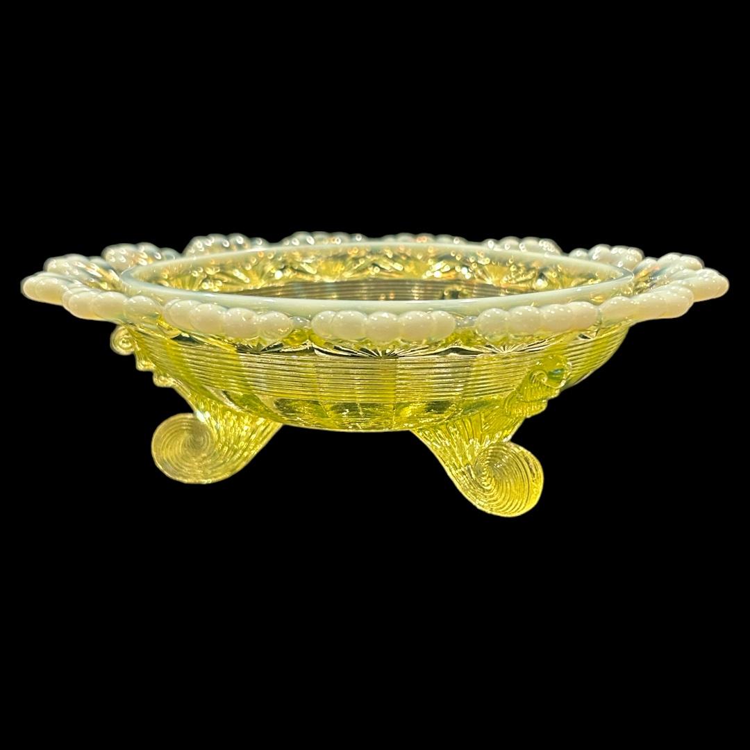 19th Century Vintage Northwood Company Vaseline Opalescent Covered Footed Butter Dish For Sale