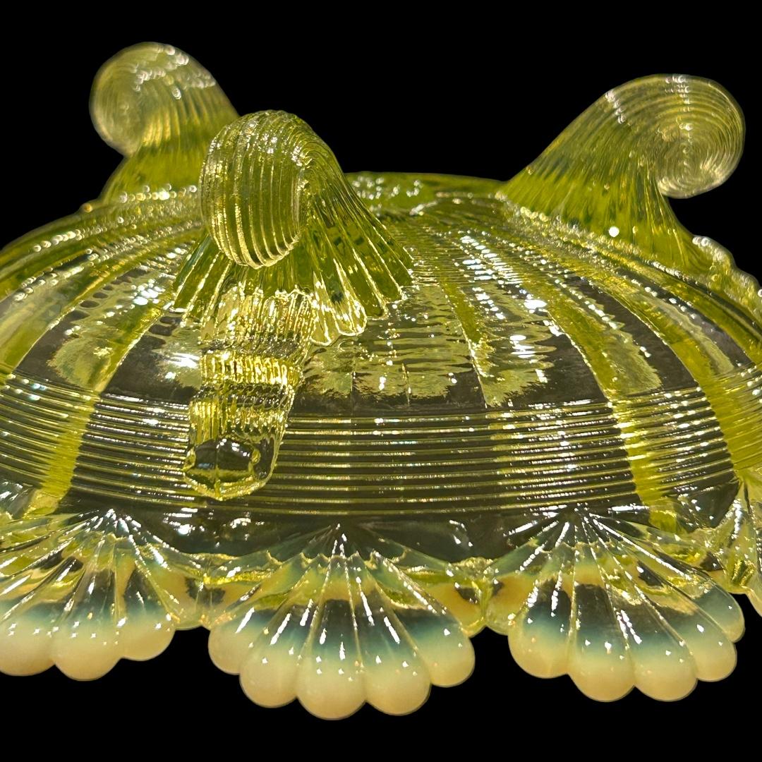 Glass Vintage Northwood Company Vaseline Opalescent Covered Footed Butter Dish For Sale