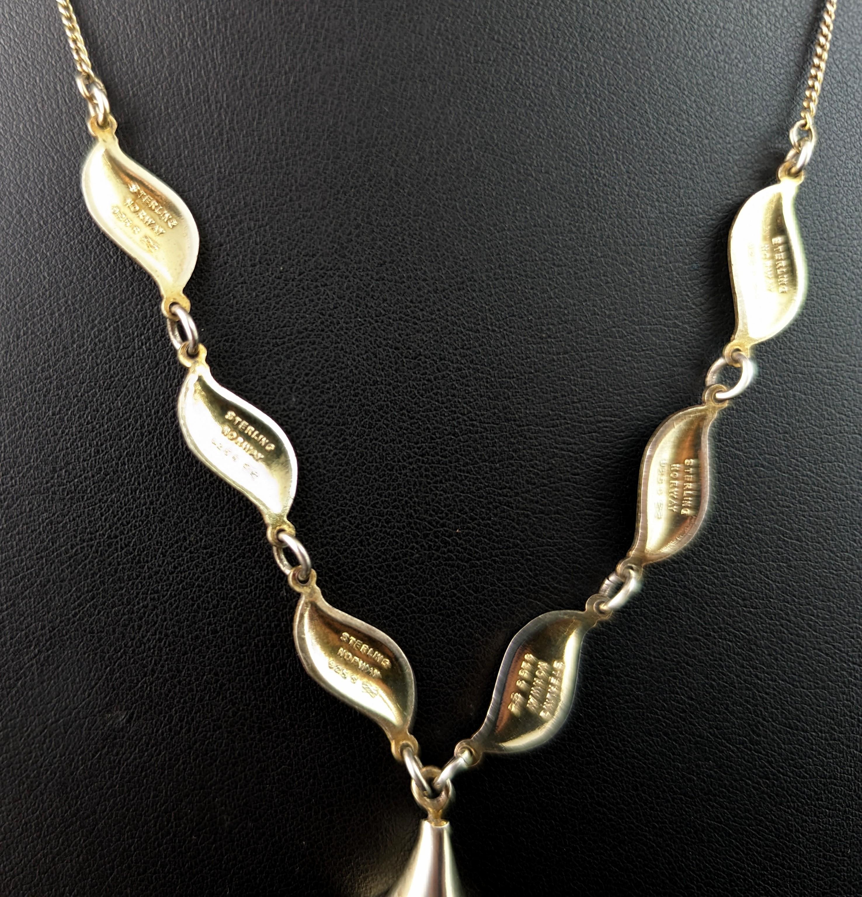 Women's Vintage Norwegian enamelled silver flower necklace, drop pendant, Askel Holmsen 