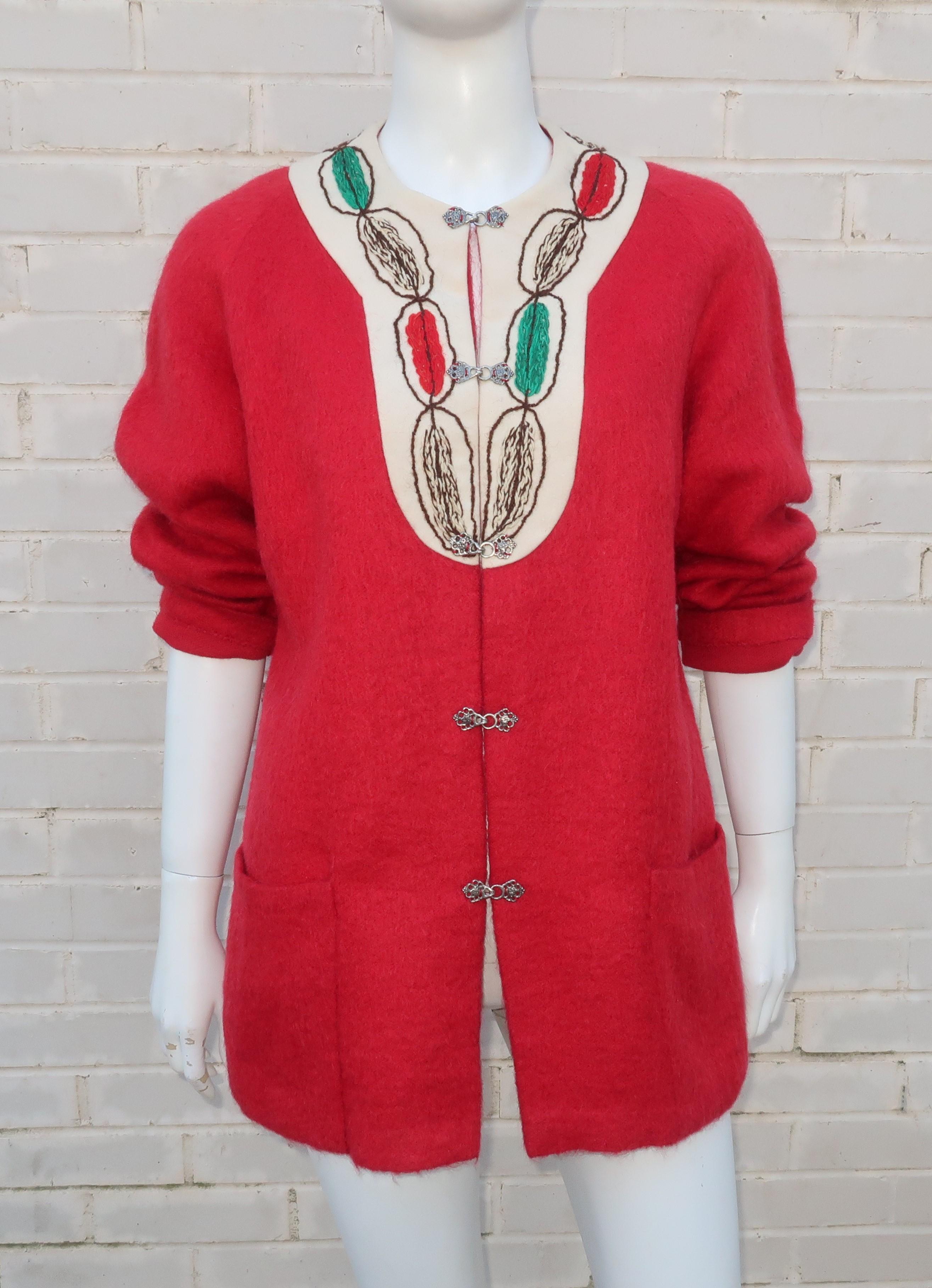 Women's Vintage Norwegian Folkloric Red Mohair Jacket