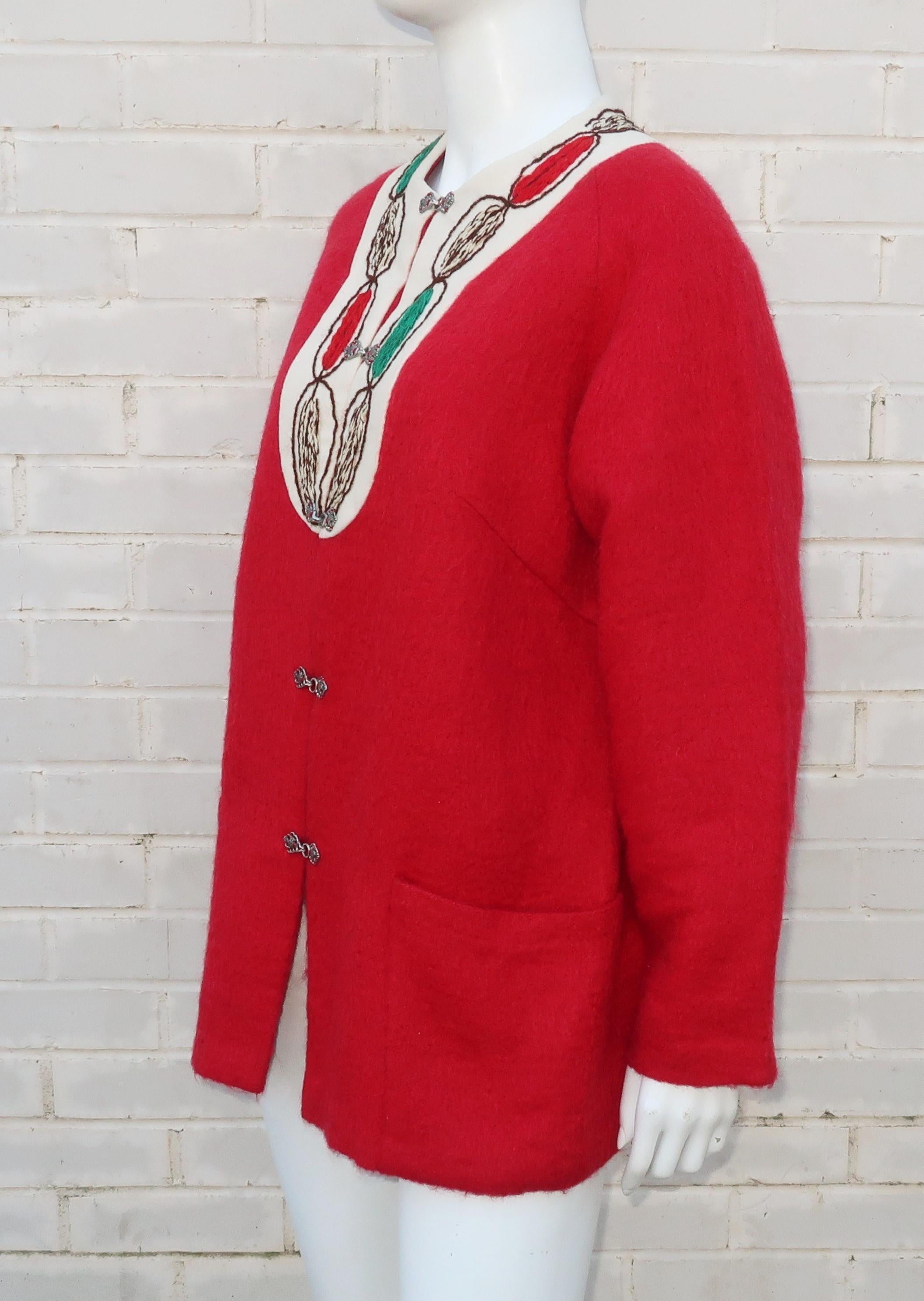 Vintage Norwegian Folkloric Red Mohair Jacket 3