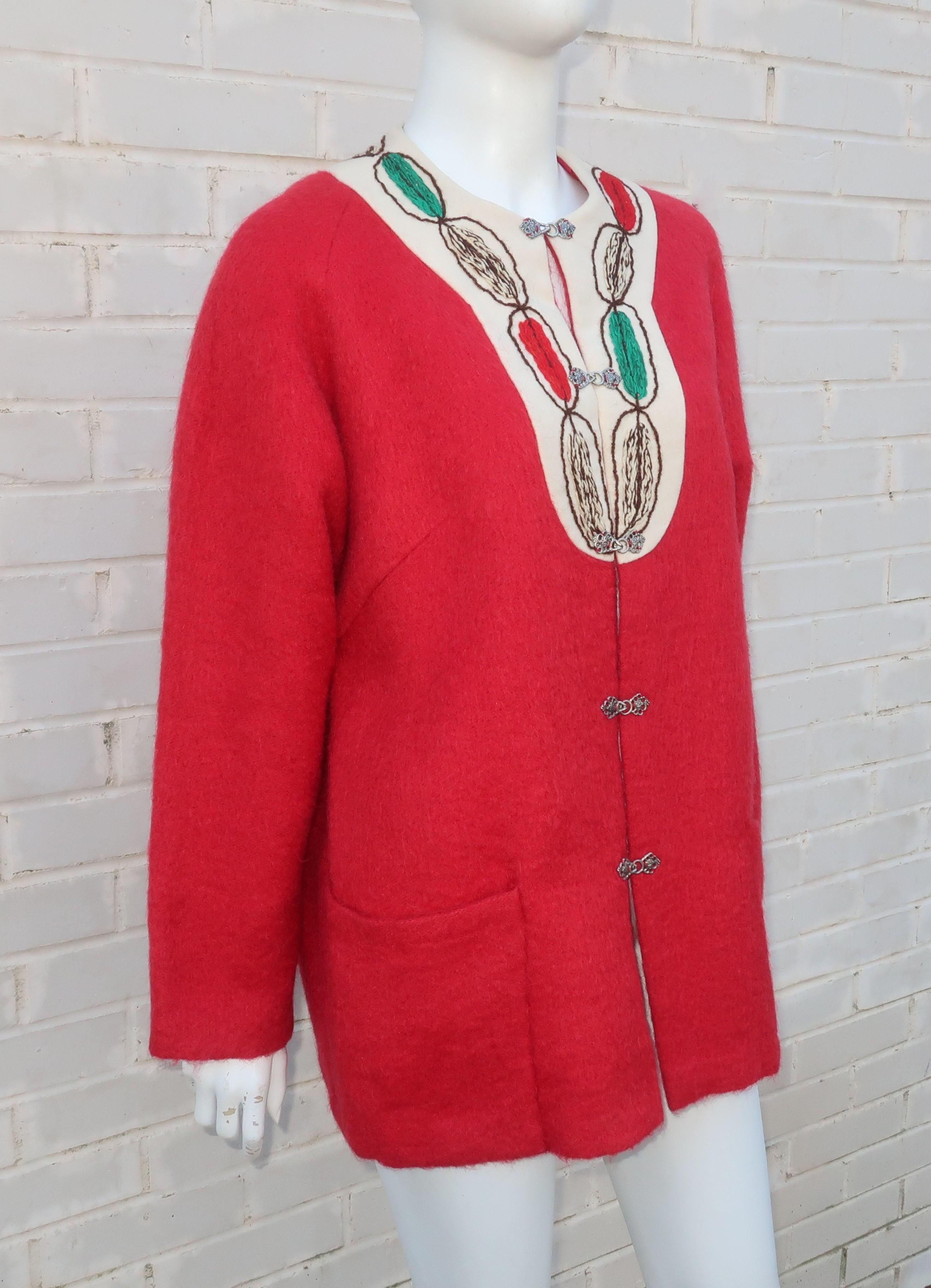 Vintage Norwegian Folkloric Red Mohair Jacket 5