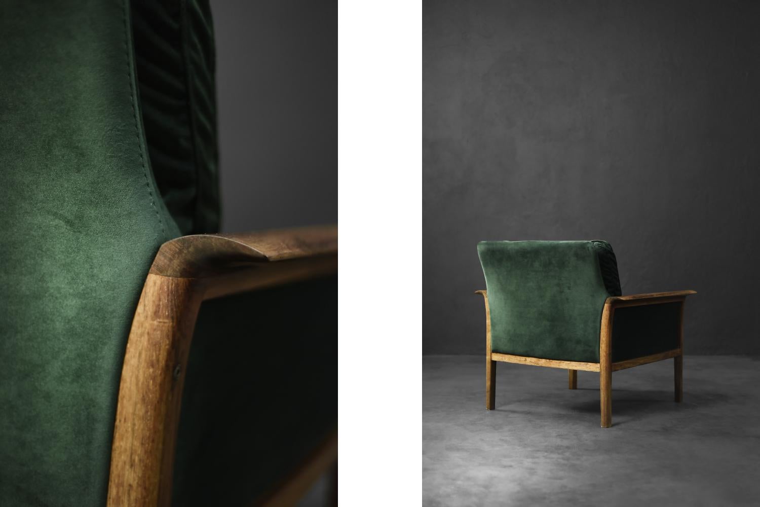 Mid-Century Modern Canapé et chaise vintage norvégiens en palissandre et velours vert bouteille par Knut Sæter en vente