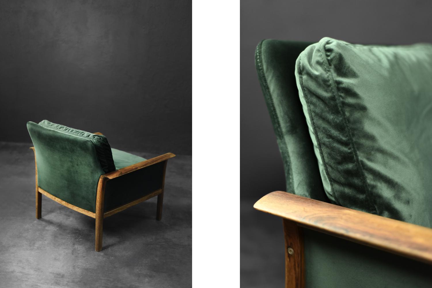 Canapé et chaise vintage norvégiens en palissandre et velours vert bouteille par Knut Sæter Excellent état - En vente à Warszawa, Mazowieckie