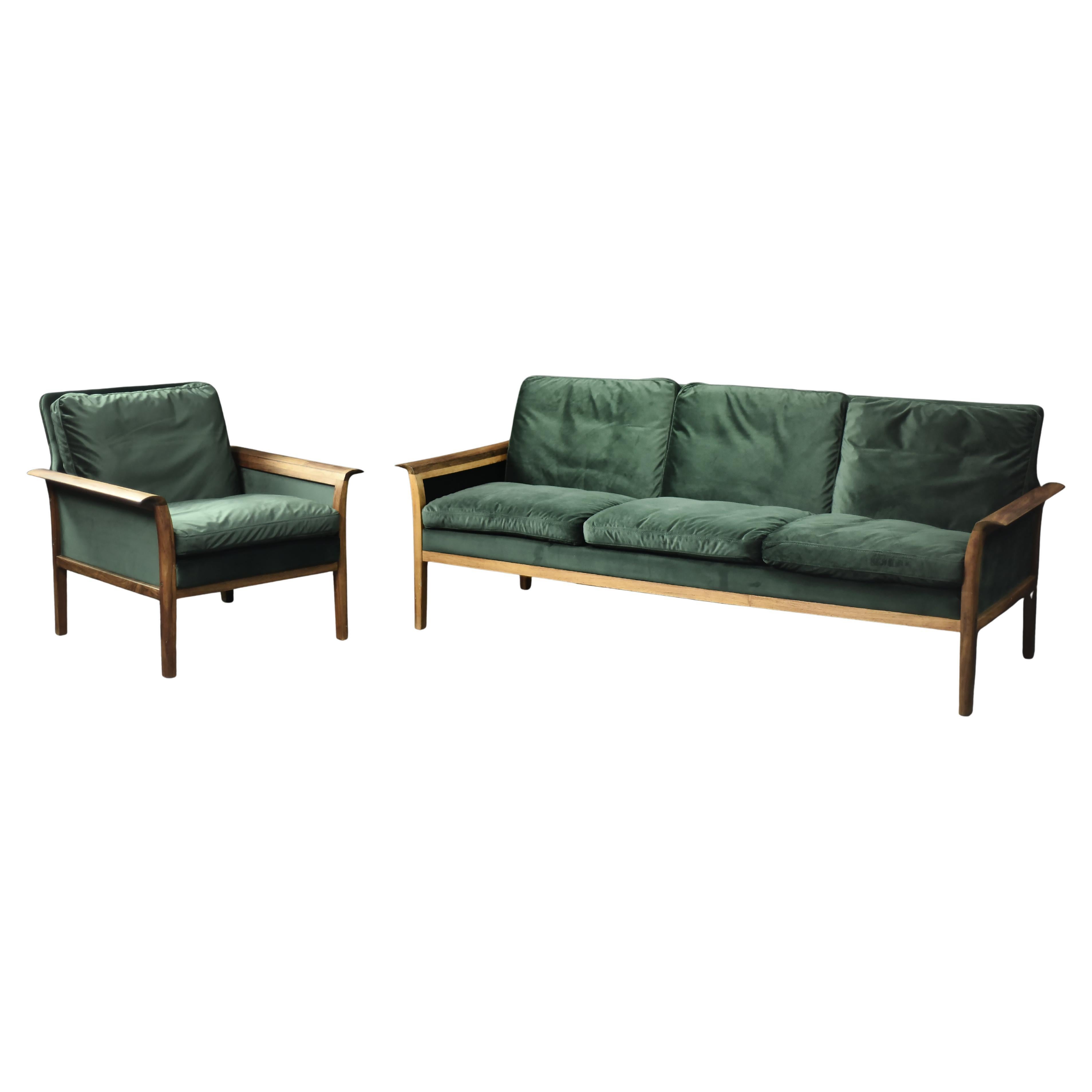 Canapé et chaise vintage norvégiens en palissandre et velours vert bouteille par Knut Sæter en vente