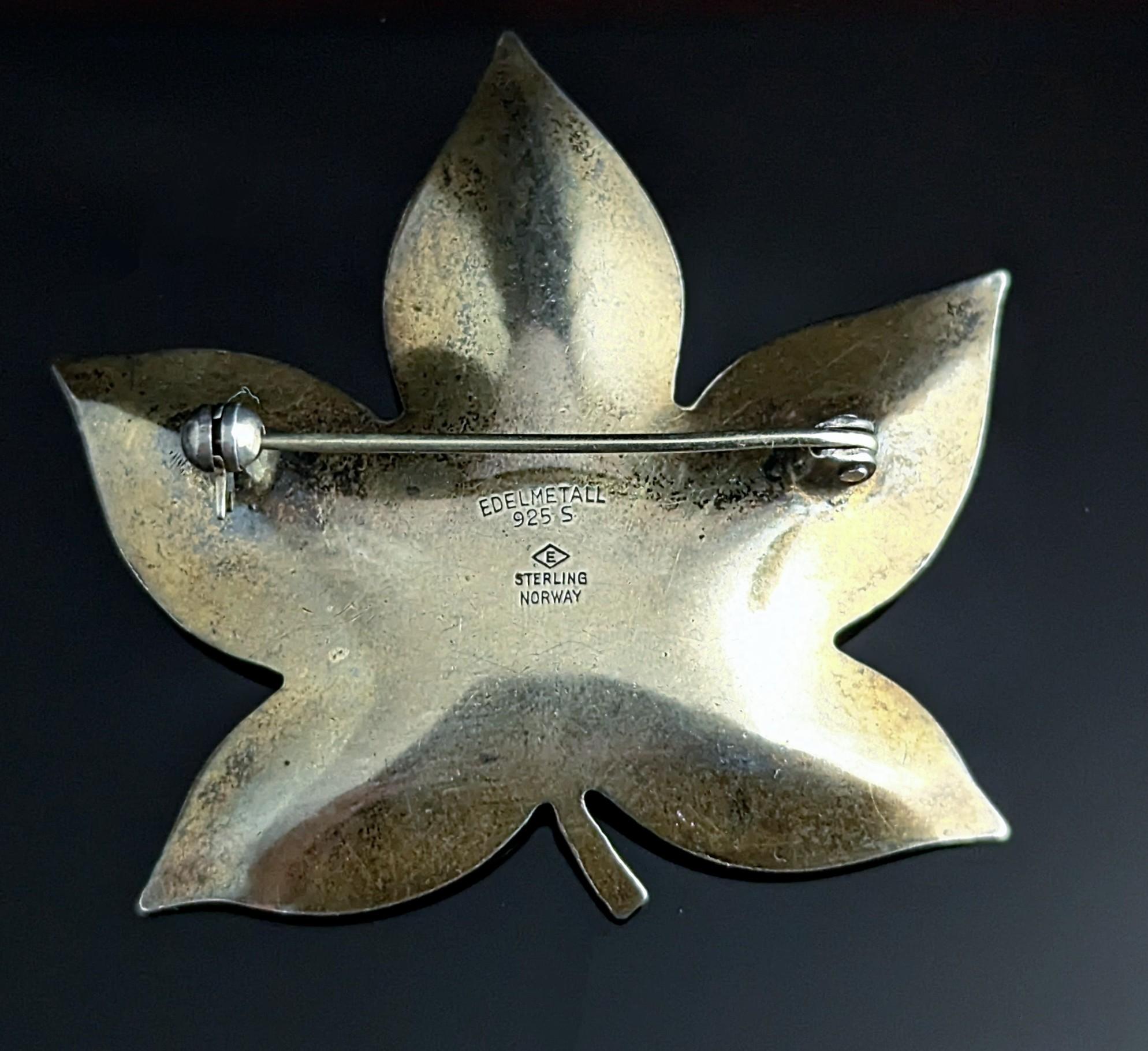 Vintage Norwegian silver enamel leaf brooch, White enamel 5