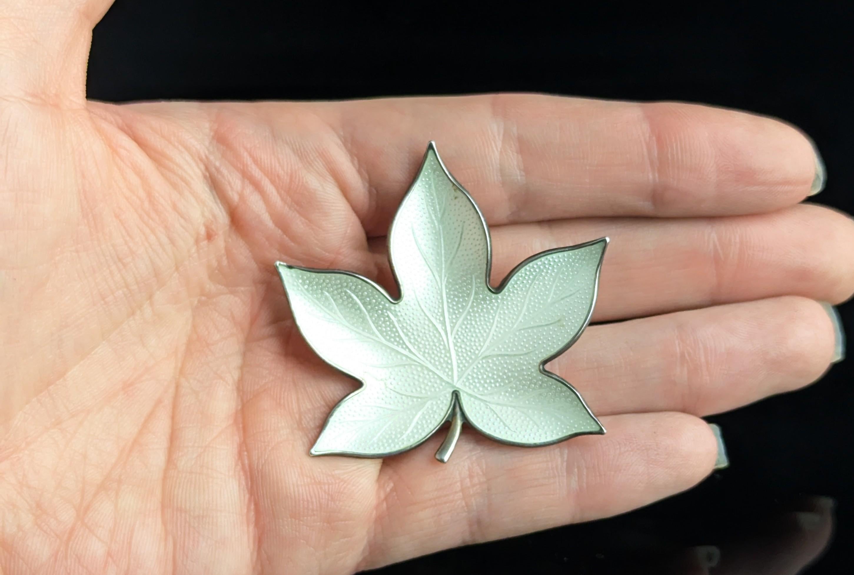 Vintage Norwegian silver enamel leaf brooch, White enamel 7