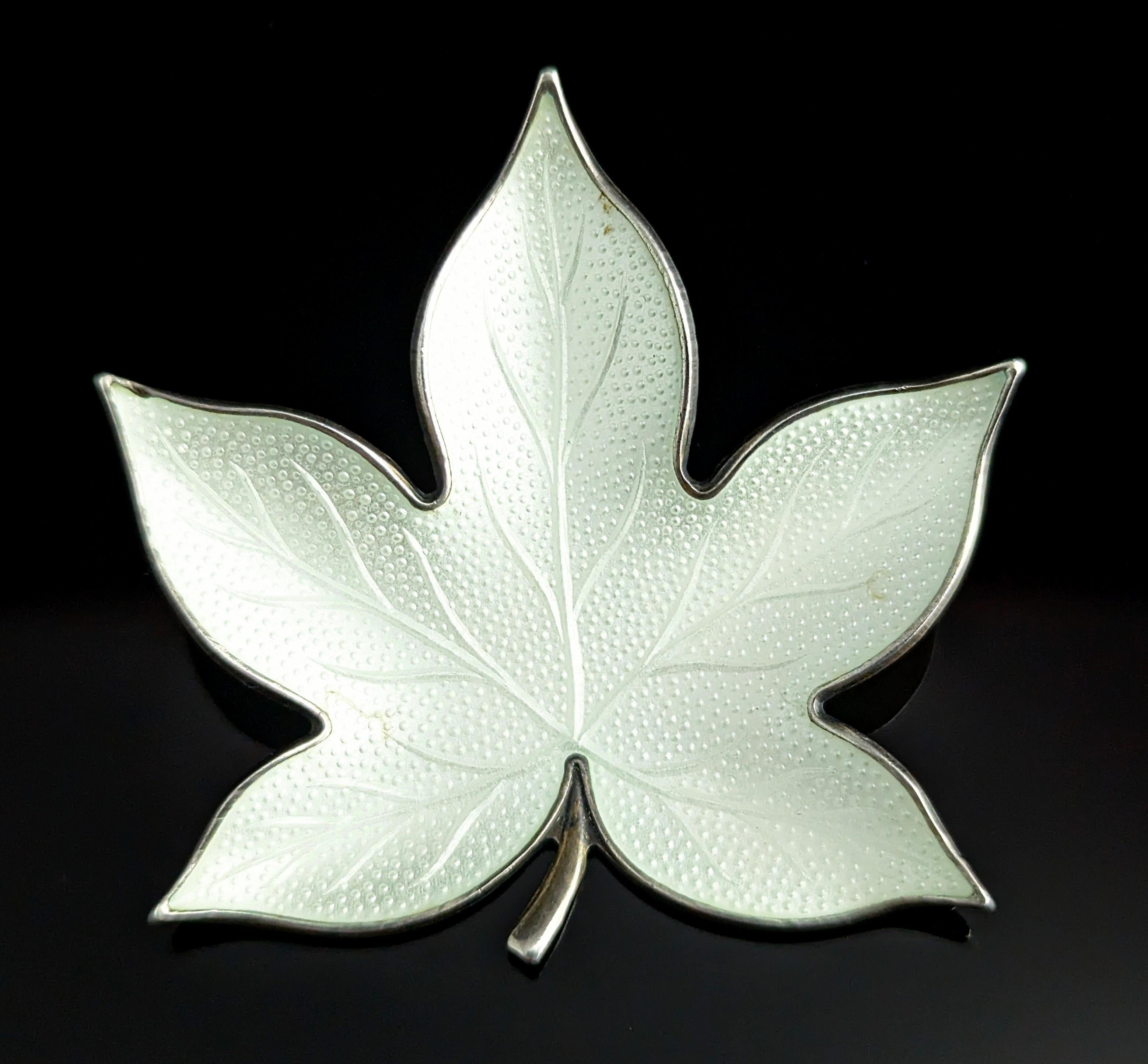 Retro Vintage Norwegian silver enamel leaf brooch, White enamel