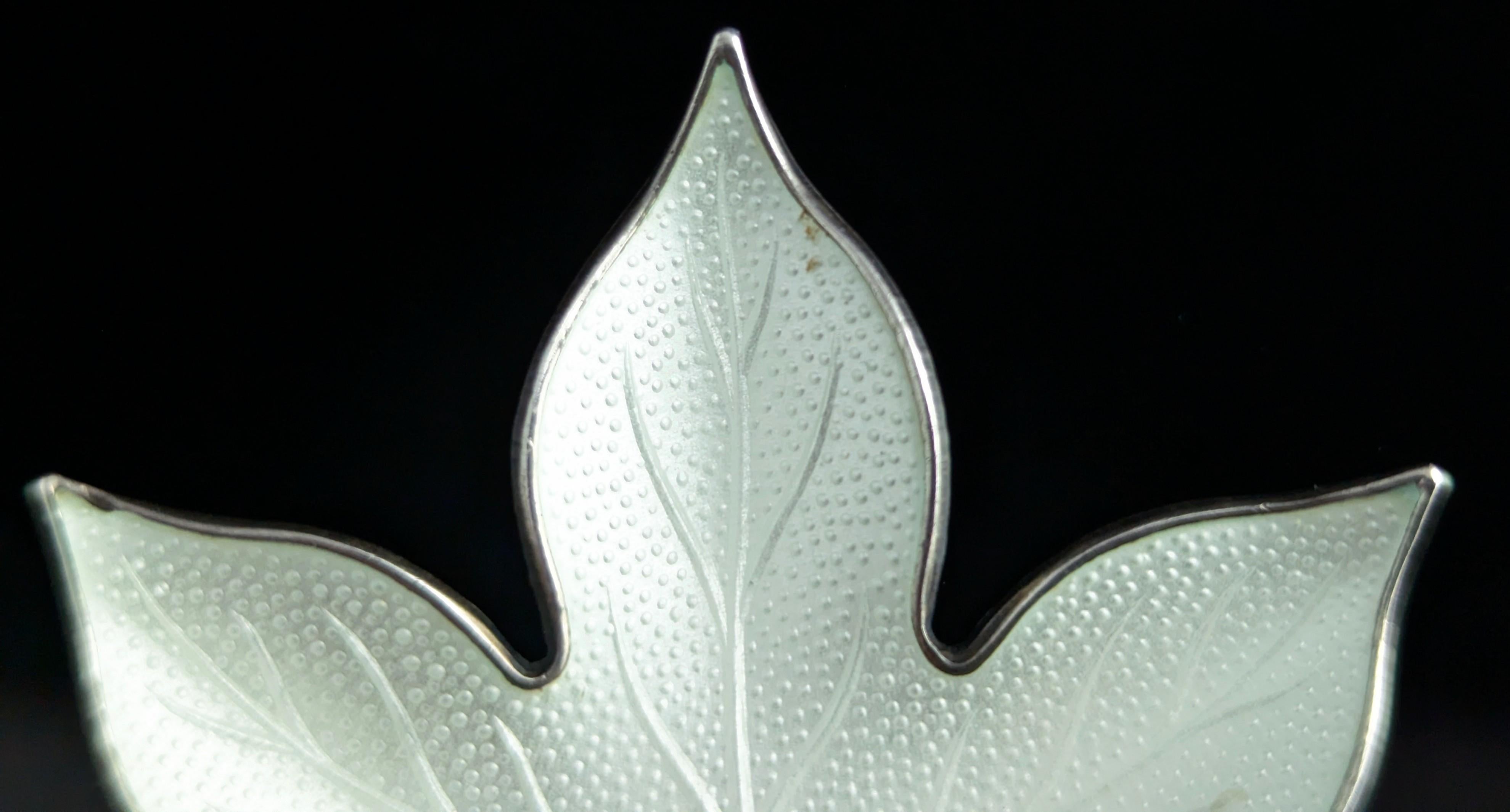 Women's or Men's Vintage Norwegian silver enamel leaf brooch, White enamel