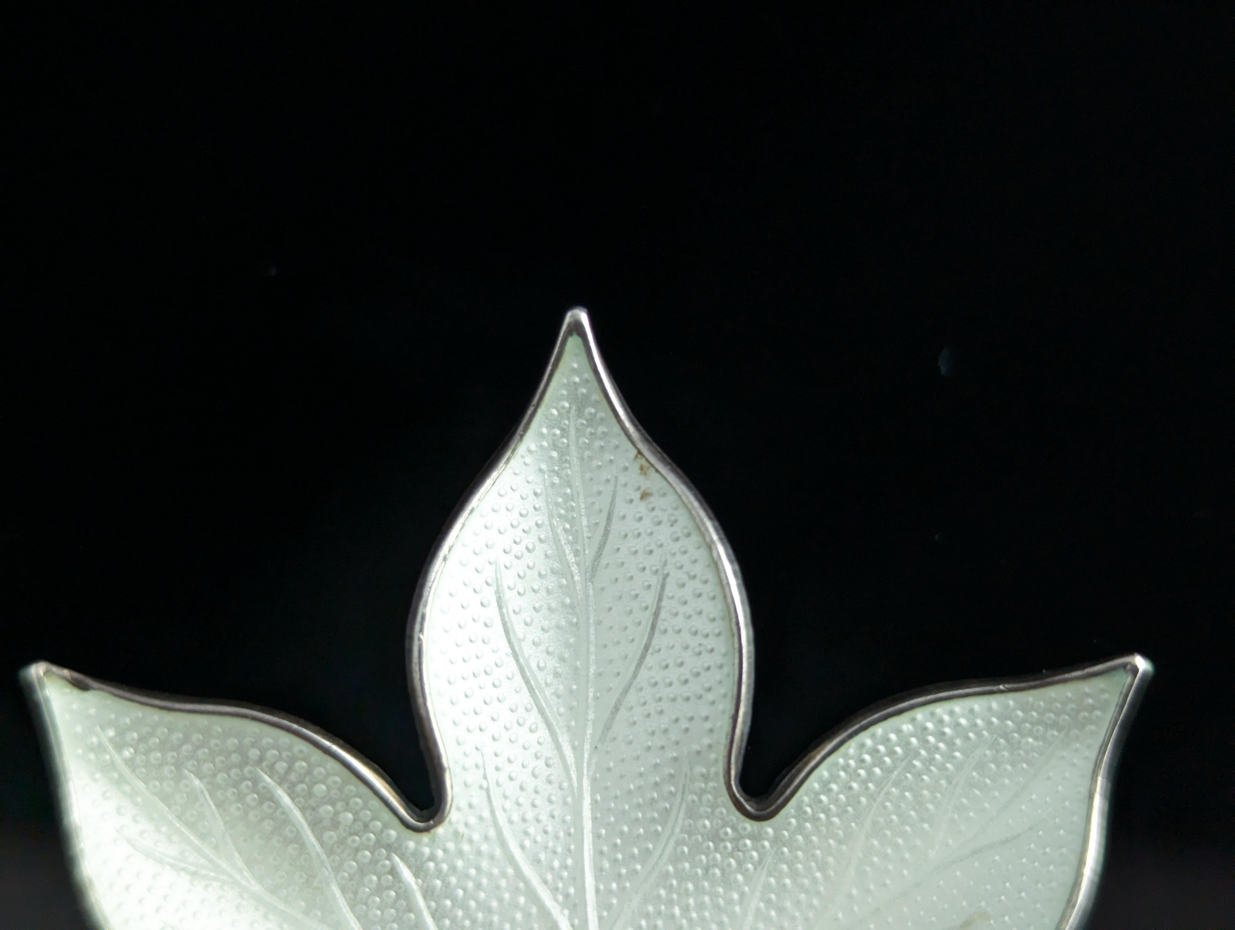 Vintage Norwegian silver enamel leaf brooch, White enamel 1